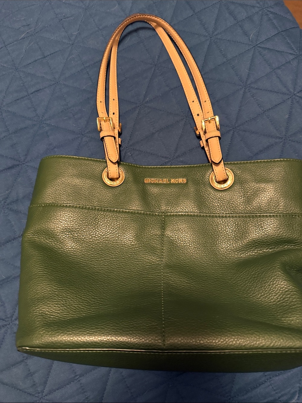 Michael Kors Green Leather Tote with Tan Straps and Gold Hardware